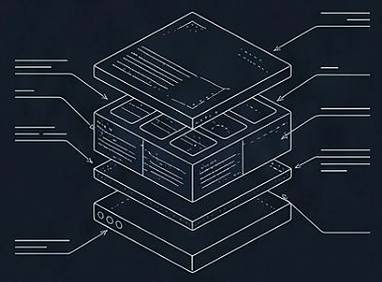 Изометрическая схема CRM, разобранной на слои: карточка клиента, календарь показов, документы сделки и отчёт по воронке